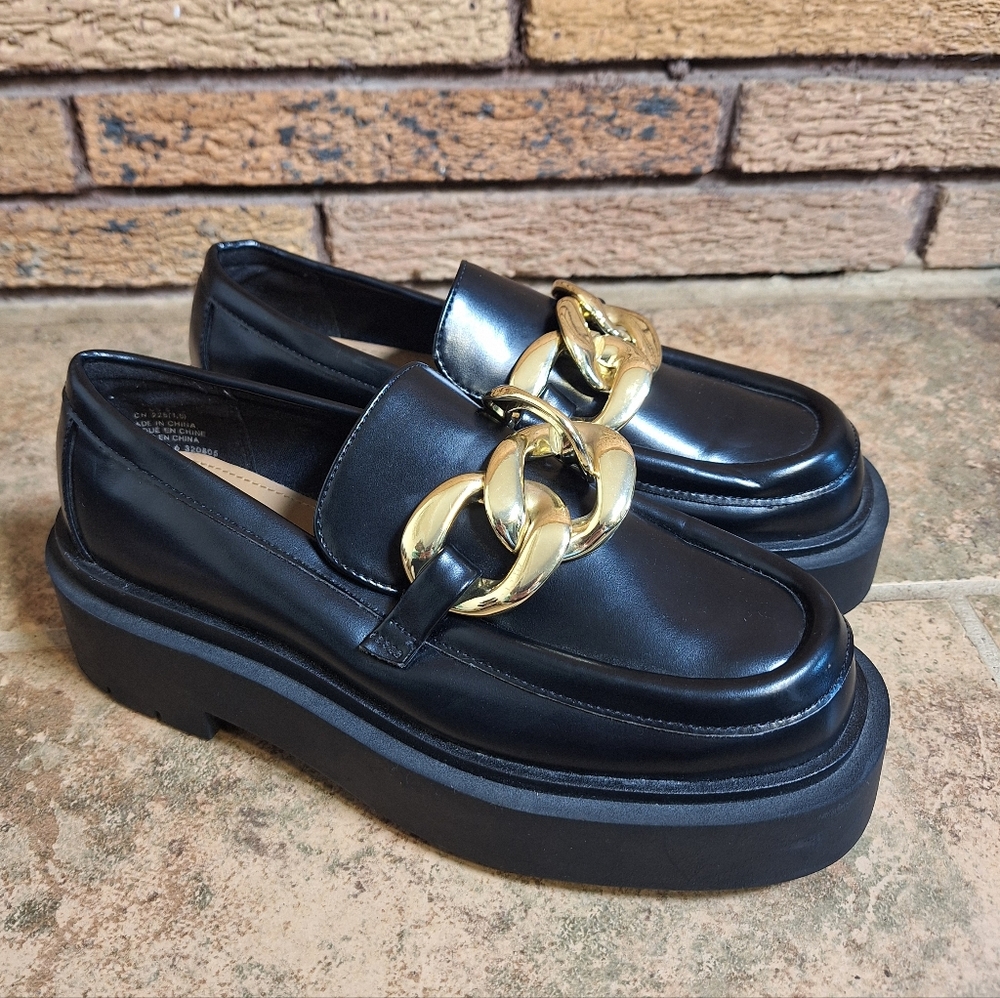 H&M Chunky Black Loafers with Gold Chain